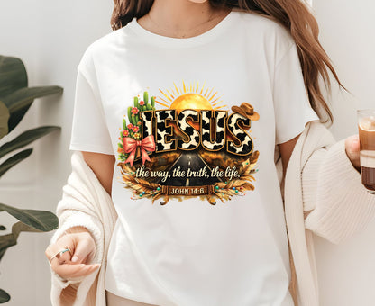 Jesus John 14:6 T Shirt Western Cow Print Tee Christian Way Truth Life Shirt Religious Gift Adult Youth Toddler Baby Boho Cowboy Apparel