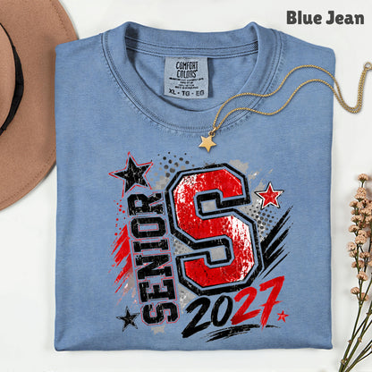 Senior 2027 Class of 2027 T-Shirt, Red Black Distressed Letter Graduation Tee