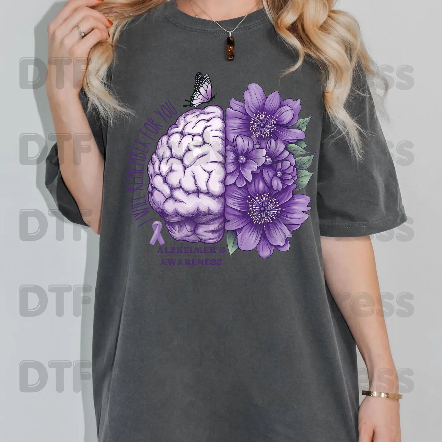 Alzheimers Awareness DTF Transfer Ready to Press I Will Remember For You Brain Purple Flowers Heat Transfer Tee Direct to Film