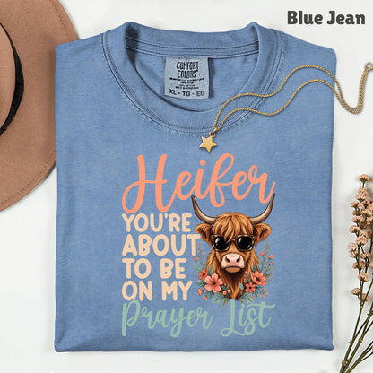Sassy Highland Cow Prayer List T-Shirt, Sunglasses Floral Country Western Tee