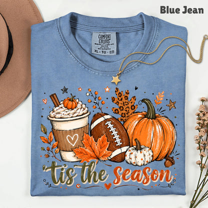 Tis the Season Football Fall T-Shirt, Pumpkin Spice Coffee Thanksgiving Tee