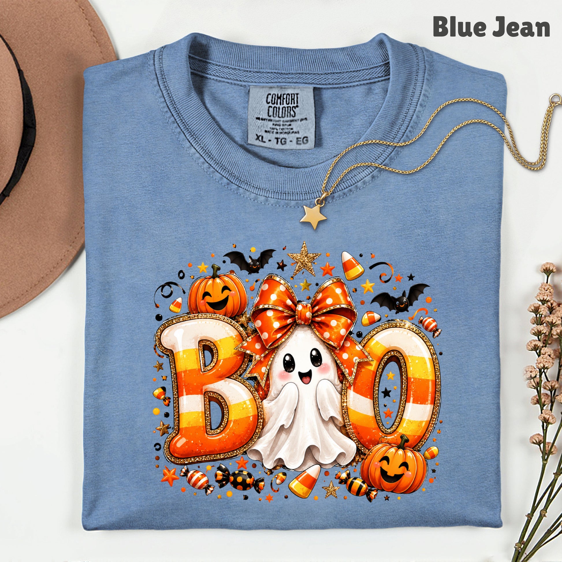 Halloween Boo Ghost Orange Bow T-Shirt, Candy Corn Pumpkin Spooky Season Tee