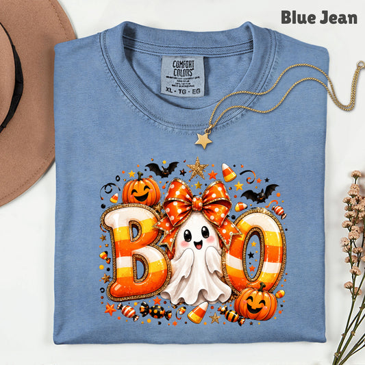 Halloween Boo Ghost Orange Bow T-Shirt, Candy Corn Pumpkin Spooky Season Tee