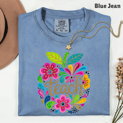 Teacher Teach Floral Apple T-Shirt, Colorful Back to School Teacher Life Tee
