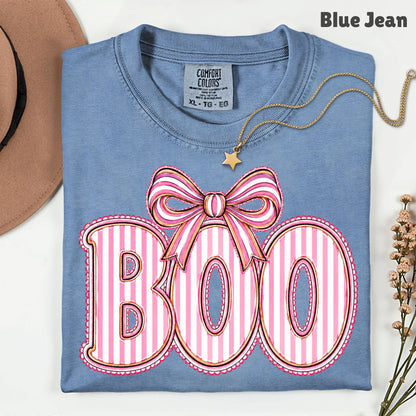 Boo Coquette Pink Bow Halloween T-Shirt, Striped Ribbon Cute Spooky Season Tee