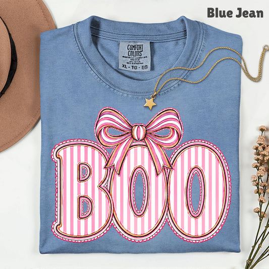 Boo Coquette Pink Bow Halloween T-Shirt, Striped Ribbon Cute Spooky Season Tee