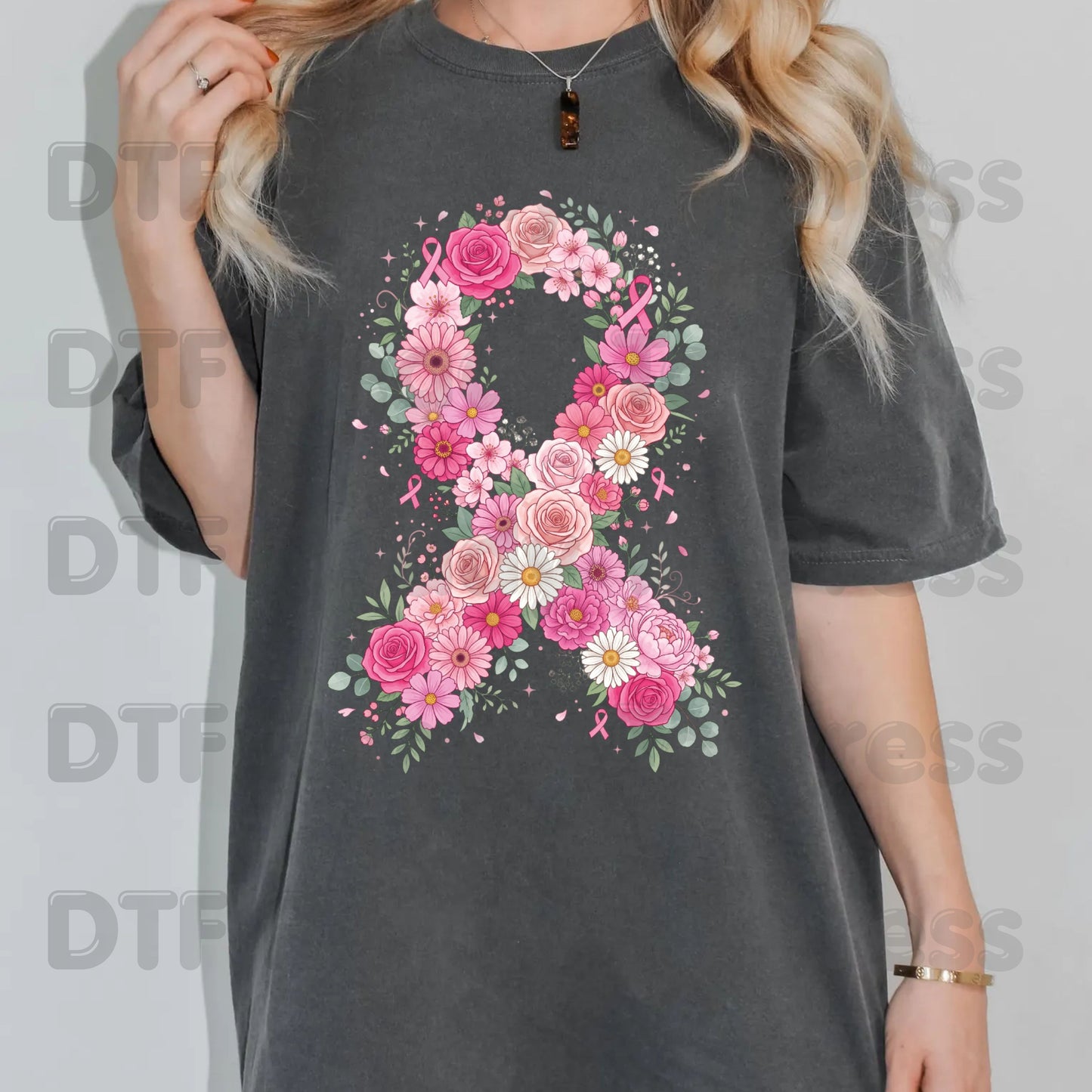 Floral Pink Ribbon Breast Cancer Awareness DTF Transfer Ready to Press Heat Transfer Survivor Tee