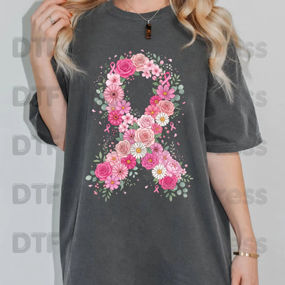 Floral Pink Ribbon Breast Cancer Awareness DTF Transfer Ready to Press Heat Transfer Survivor Tee