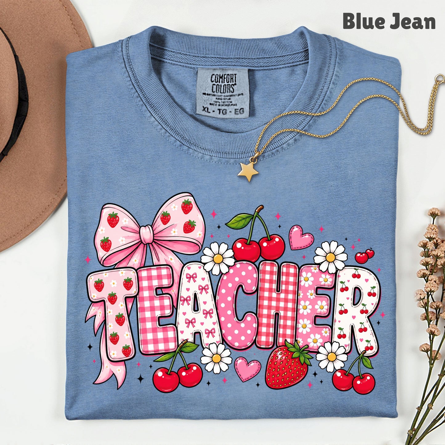 Teacher Coquette Pink T-Shirt, Strawberries Cherries Bow School Educator Tee