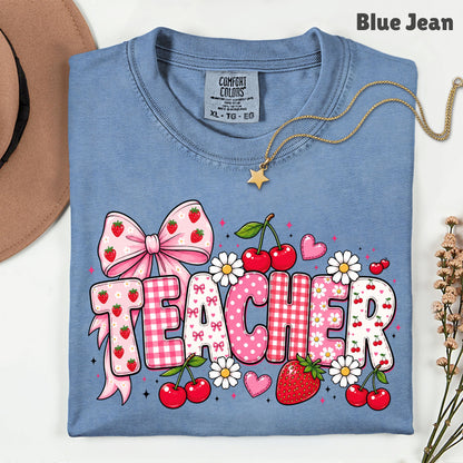 Teacher Coquette Pink T-Shirt, Strawberries Cherries Bow School Educator Tee