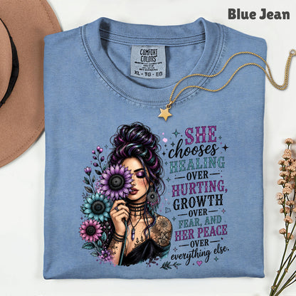 Inspirational Healing Woman She Chooses Healing Over Hurting T-Shirt, Floral Messy Bun Sunflower Tee