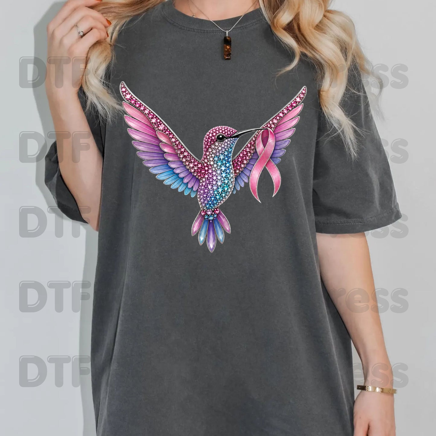 Rhinestone Hummingbird Pink Ribbon Breast Cancer Awareness DTF Transfer Ready to Press Heat Transfer Bird Tee