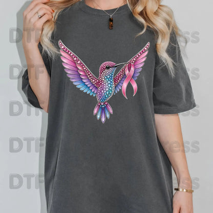 Rhinestone Hummingbird Pink Ribbon Breast Cancer Awareness DTF Transfer Ready to Press Heat Transfer Bird Tee