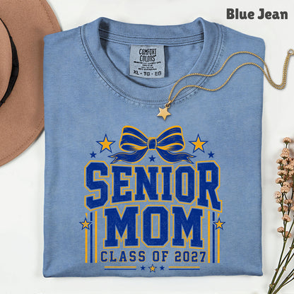 Senior Mom 2027 Royal Blue Yellow Cheer Bow T-Shirt, Varsity Graduation Mother Tee