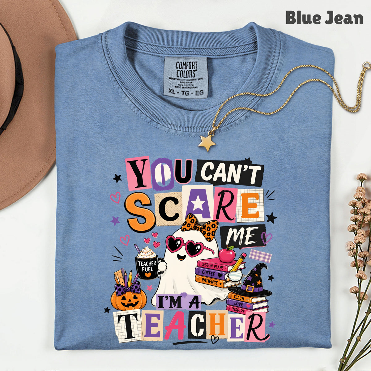 You Can't Scare Me Teacher Halloween T-Shirt, Ghost Books Coffee Comfort Color Tee