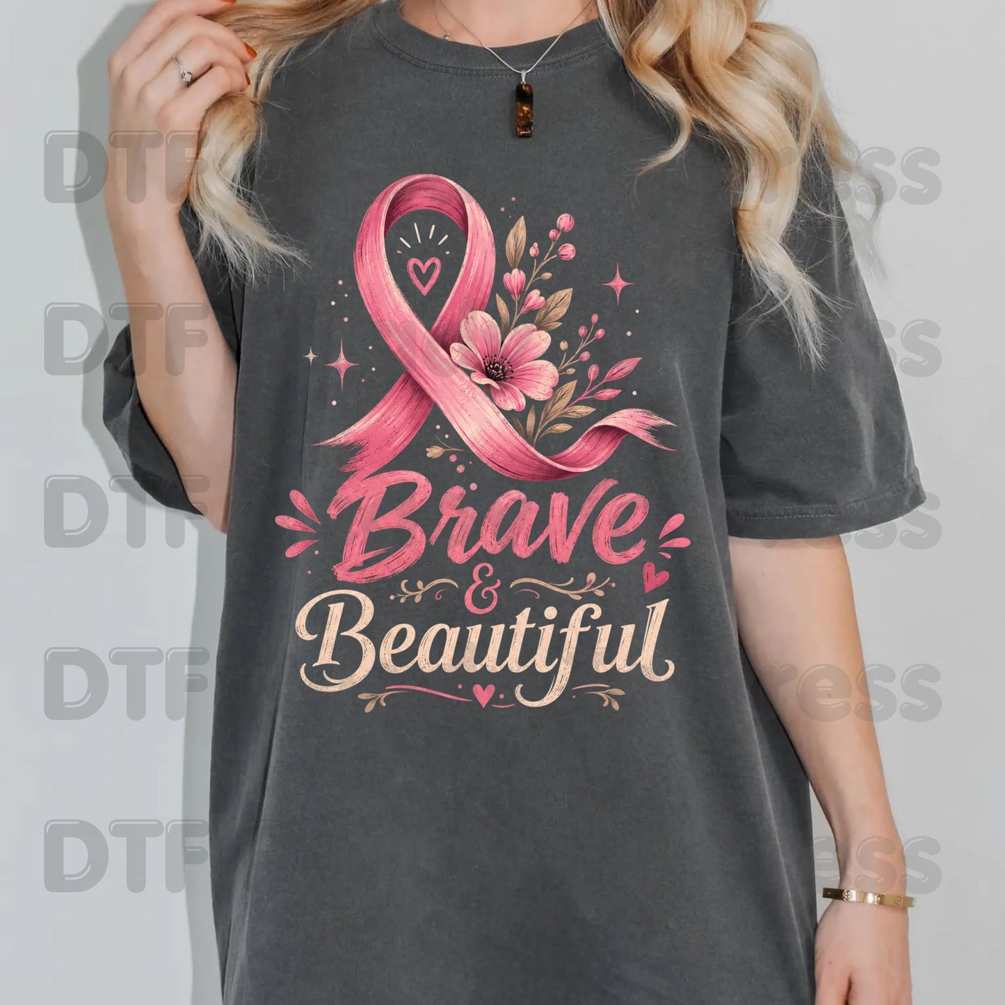 Brave and Beautiful Breast Cancer Awareness DTF Transfer Ready to Press Heat Transfer Pink Floral Ribbon Tee