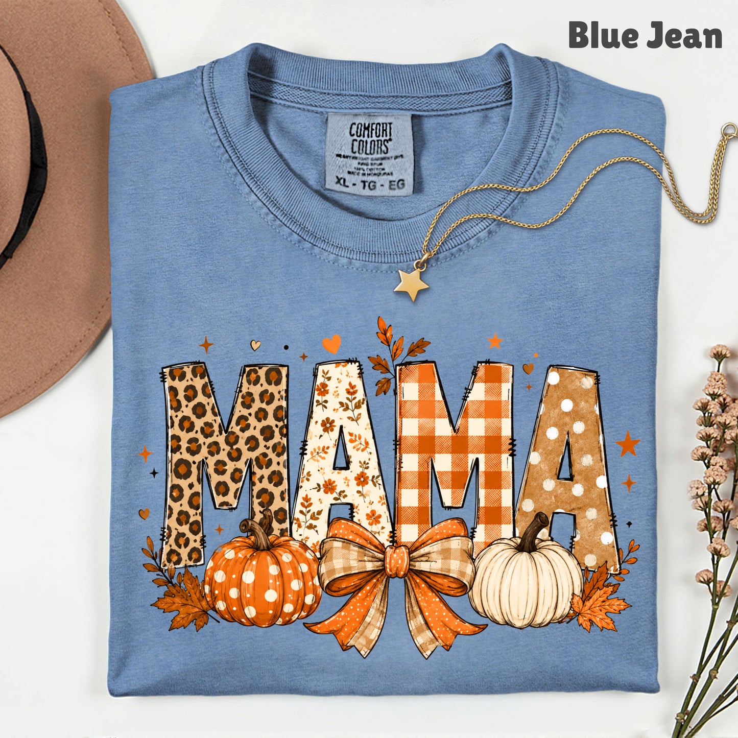 Fall Mama Pumpkin Leopard Plaid T-Shirt, Varsity Letters Autumn Leaves Bow Thanksgiving Mom Tee