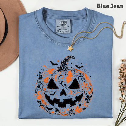 Halloween Pumpkin Face Floral Swirl Gothic T-Shirt, Intricate Spooky Pumpkin Tee