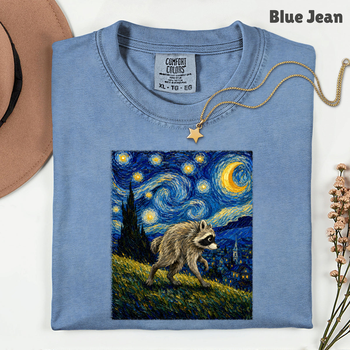 Starry Night Raccoon T-Shirt, Van Gogh Style Oil Painting Funny Wildlife Art Tee