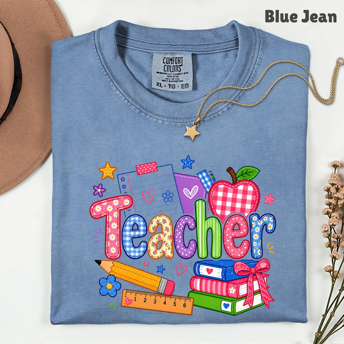Teacher Apple Books Pencil T-Shirt, Colorful School Supplies Back to School Comfort Color Tee