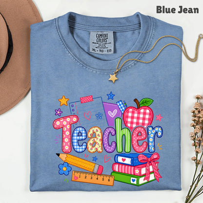 Teacher Apple Books Pencil T-Shirt, Colorful School Supplies Back to School Comfort Color Tee