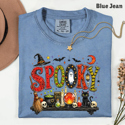Halloween Witch Shelf Black Cat T-Shirt, Crystal Ball Cauldron Potion Skull Spooky Tee