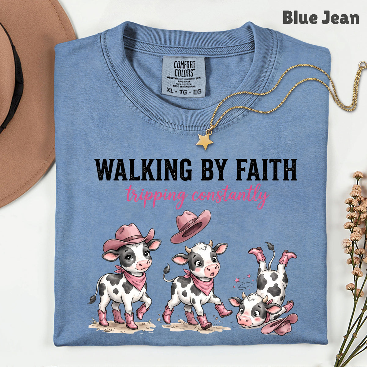 Funny Western Cow Walking by Faith T-Shirt, Pink Cowboy Boots Christian Humor Tee