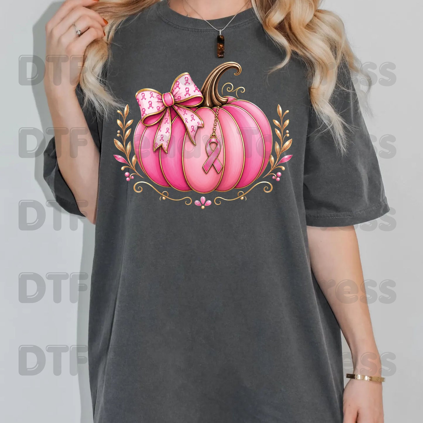 Breast Cancer DTF Transfer Ready to Press Pink Pumpkin Ribbon Bow Awareness Heat Transfer Tee Print Direct to Film Transfer