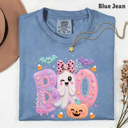 Pastel Cute Ghost Halloween Boo T-Shirt, Pink Purple Bow Pumpkin Candy Corn Girls Tee