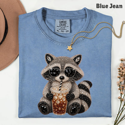Cool Raccoon Iced Coffee T-Shirt, Sunglasses Trash Panda Rhinestone Tee Sweatshirt