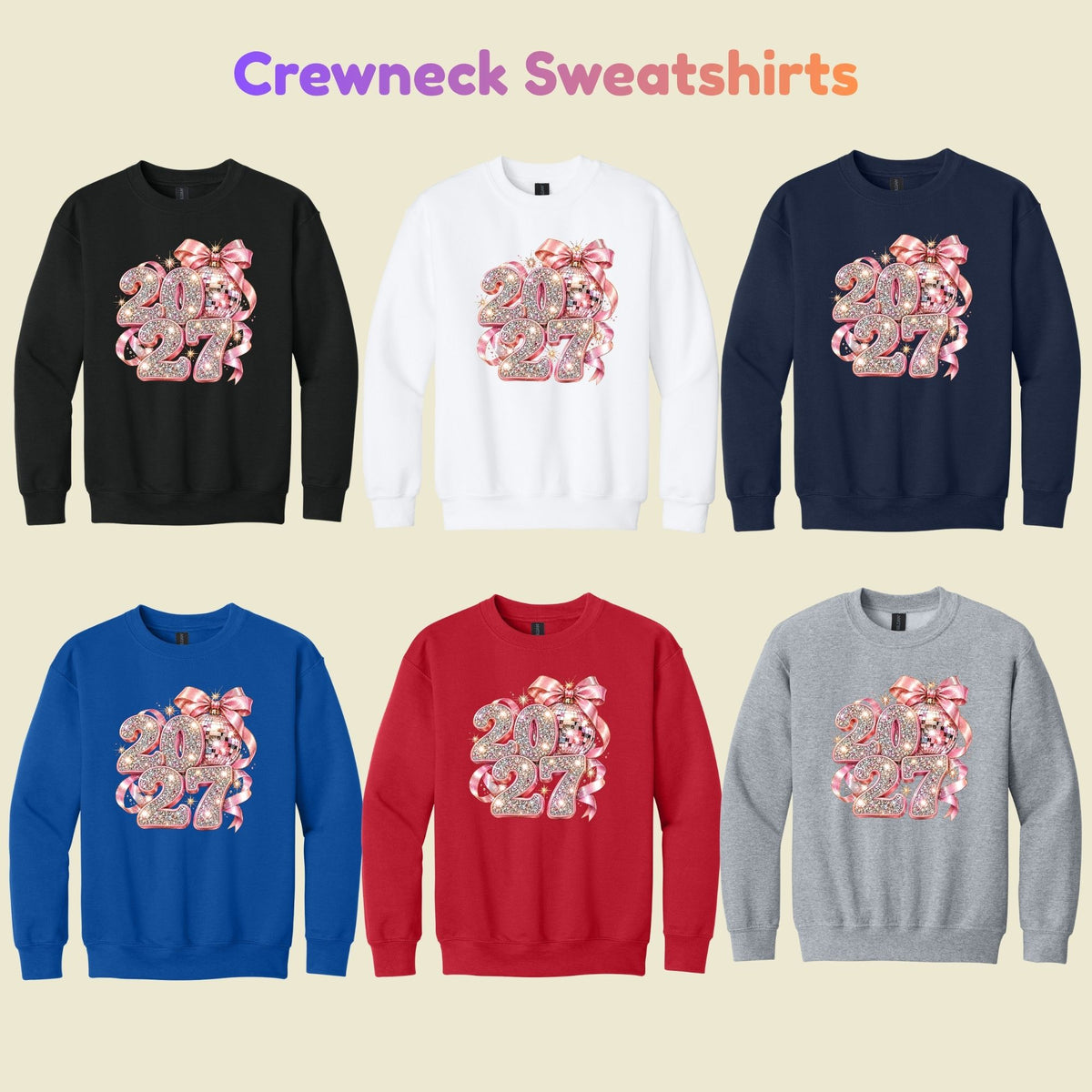 New Year 2027 T-Shirt, Pink Glitter Disco Ball Bow Tee, Sparkly Party Sweatshirt