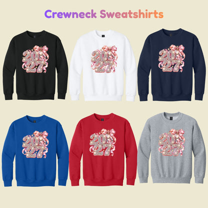New Year 2027 T-Shirt, Pink Glitter Disco Ball Bow Tee, Sparkly Party Sweatshirt