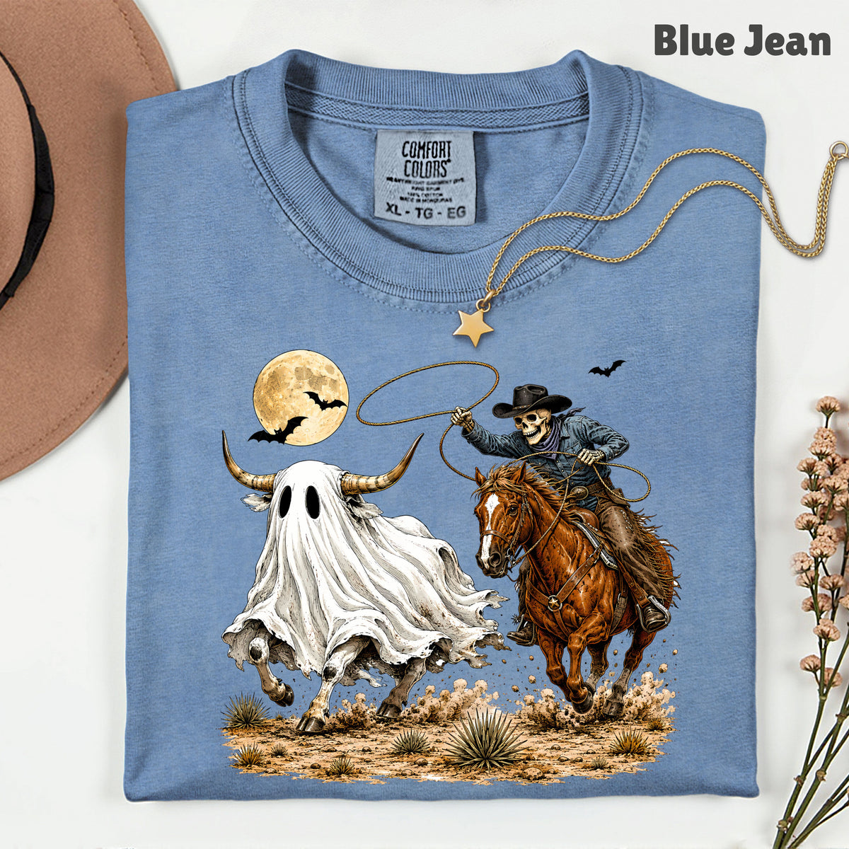Halloween Skeleton Cowboy Ghost T-Shirt, Western Rodeo Bull Lasso Spooky Tee