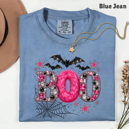 Boo Pink Glitter Bats Halloween T-Shirt, Spider Web Sparkle Comfort Color Tee
