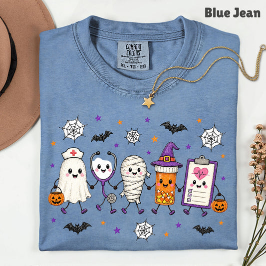 Spooky Nurse Squad Halloween Medical T-Shirt, Ghost Stethoscope Pill Bottle Tee
