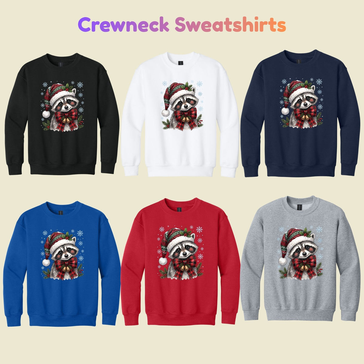 Christmas Raccoon T-Shirt, Santa Hat Buffalo Plaid Bow and Bells Tee, Festive Holiday Sweatshirt