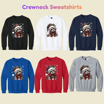 Christmas Raccoon T-Shirt, Santa Hat Buffalo Plaid Bow and Bells Tee, Festive Holiday Sweatshirt