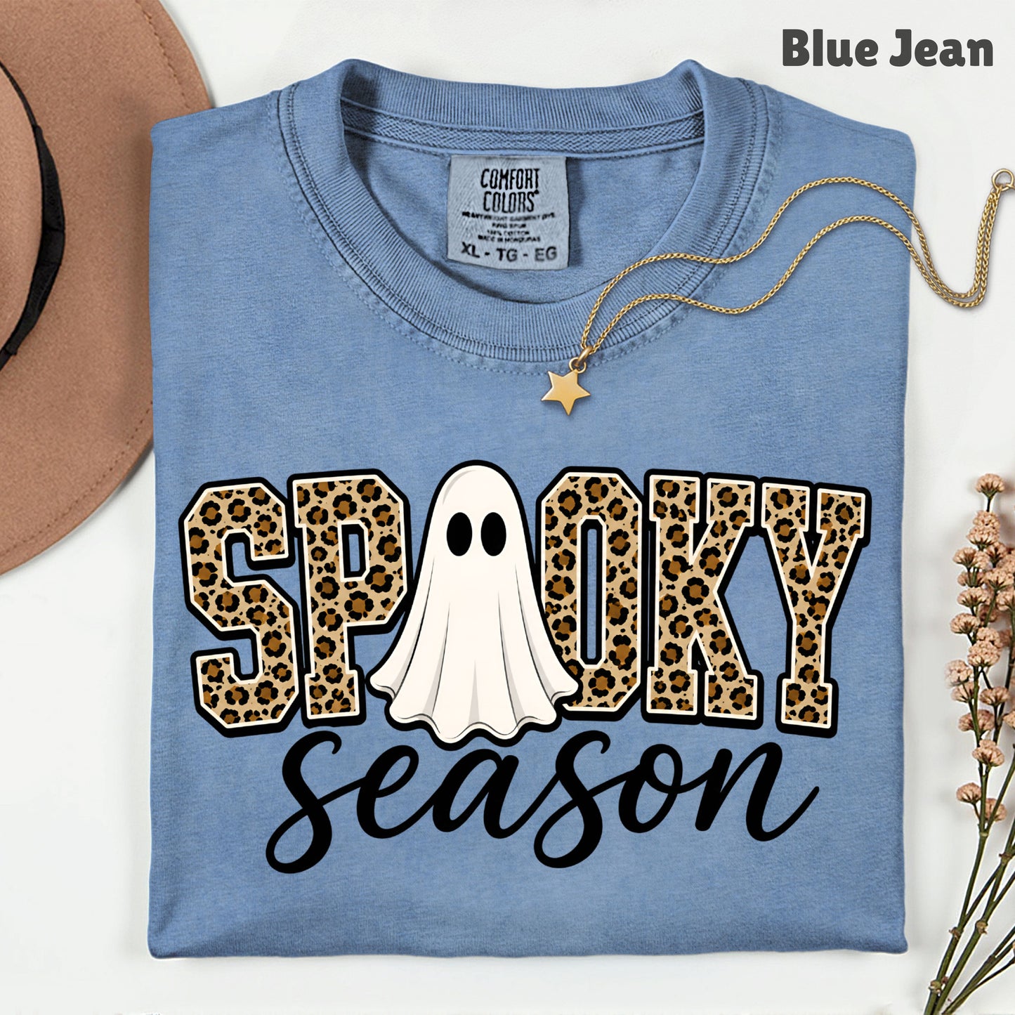 Halloween Spooky Season Ghost T-Shirt, Leopard Print Cheetah Varsity Letters Tee
