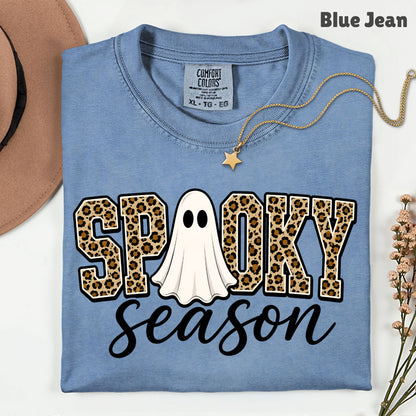 Halloween Spooky Season Ghost T-Shirt, Leopard Print Cheetah Varsity Letters Tee