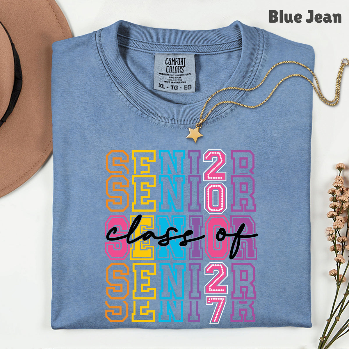 Senior Class of 2027 Colorful Retro T-Shirt, Stacked Varsity Letters Pastel Graduation Tee