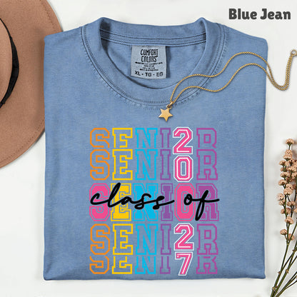 Senior Class of 2027 Colorful Retro T-Shirt, Stacked Varsity Letters Pastel Graduation Tee