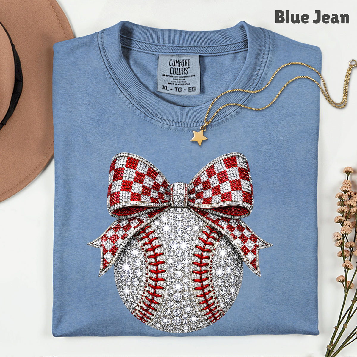 Coquette Baseball Sparkle T-Shirt, Red Checkered Bow Sports Mom Girl Tee