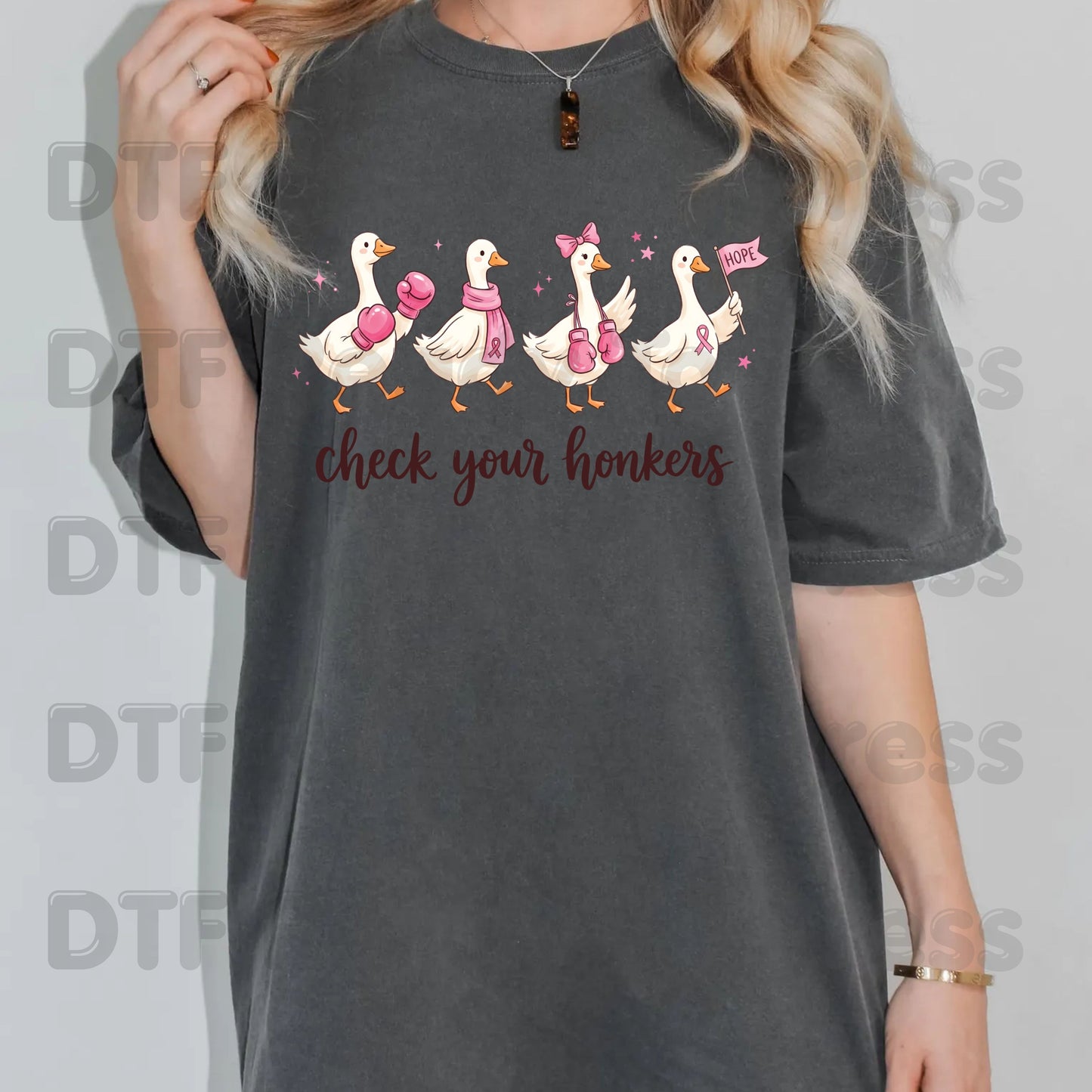 Breast Cancer Awareness Check Your Honkers DTF Transfer Ready to Press Funny Duck Heat Transfer Pink Ribbon Tee
