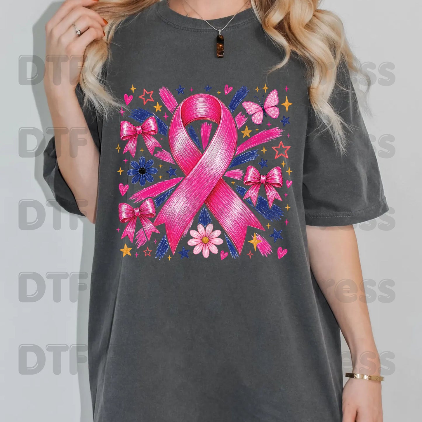 Breast Cancer DTF Transfer Ready to Press Pink Ribbon Bows Butterfly Flowers Awareness Heat Transfer Tee Print Direct to Film
