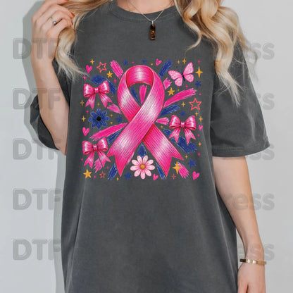 Breast Cancer DTF Transfer Ready to Press Pink Ribbon Bows Butterfly Flowers Awareness Heat Transfer Tee Print Direct to Film