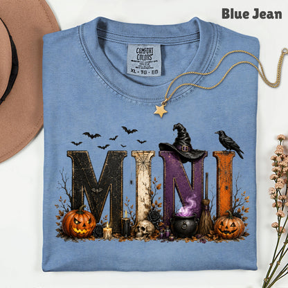 Mini Halloween Witch Hat Cauldron Pumpkin Kids T-Shirt, Spooky Season Tee