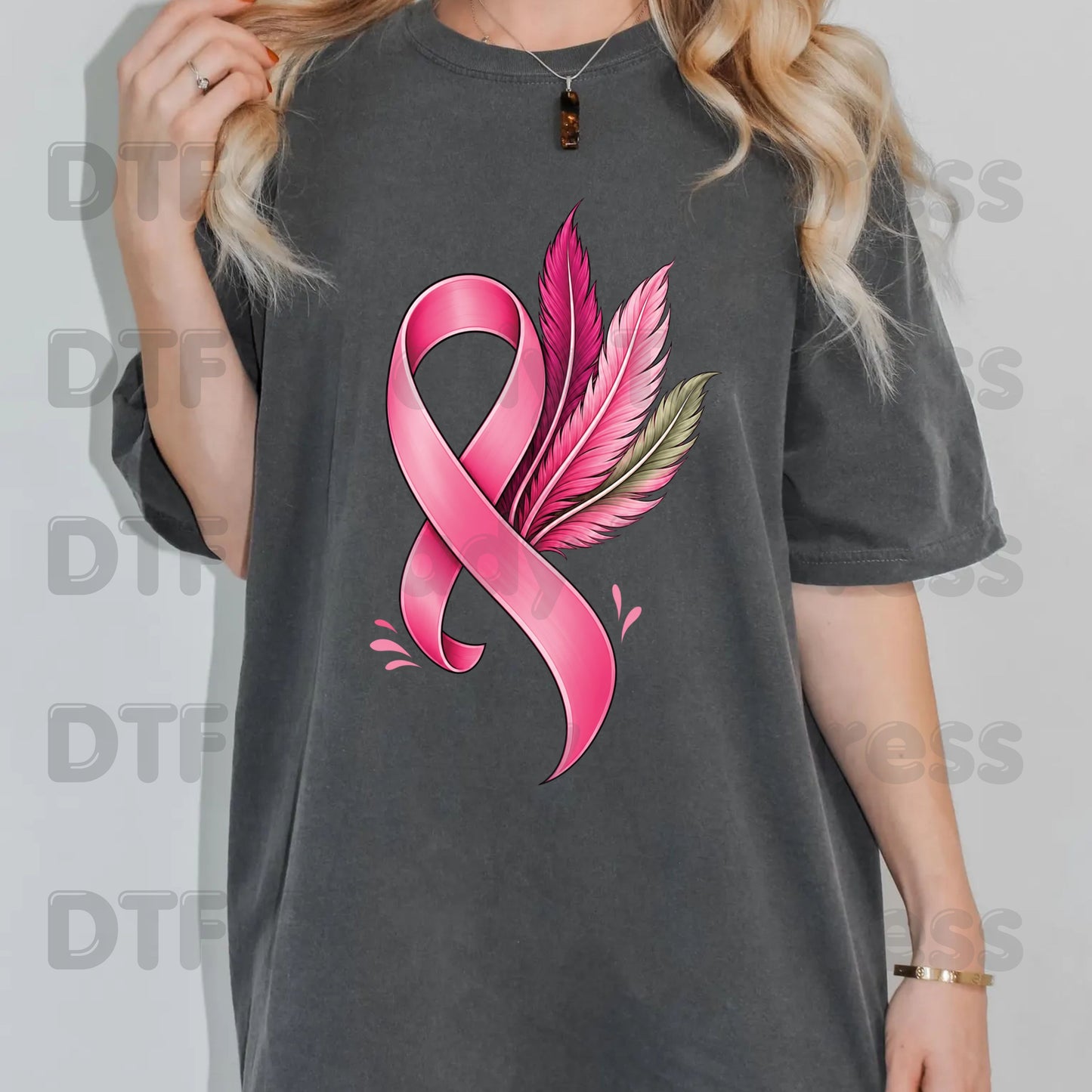 Pink Ribbon Feathers Breast Cancer Awareness DTF Transfer Ready to Press Heat Transfer Survivor Support Tee