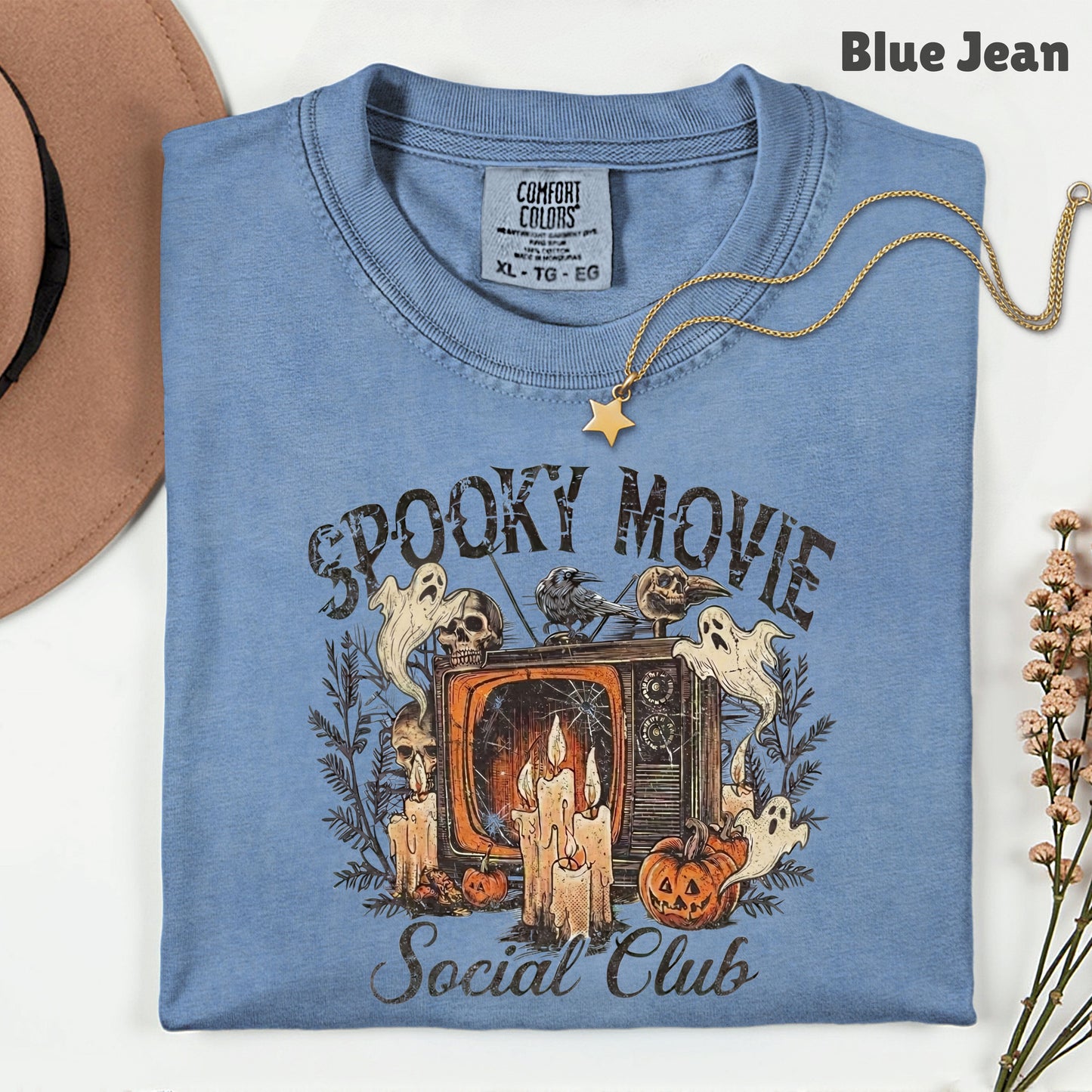 Spooky Movie Social Club Vintage Horror T-Shirt, Ghosts Pumpkin Candles Halloween Tee