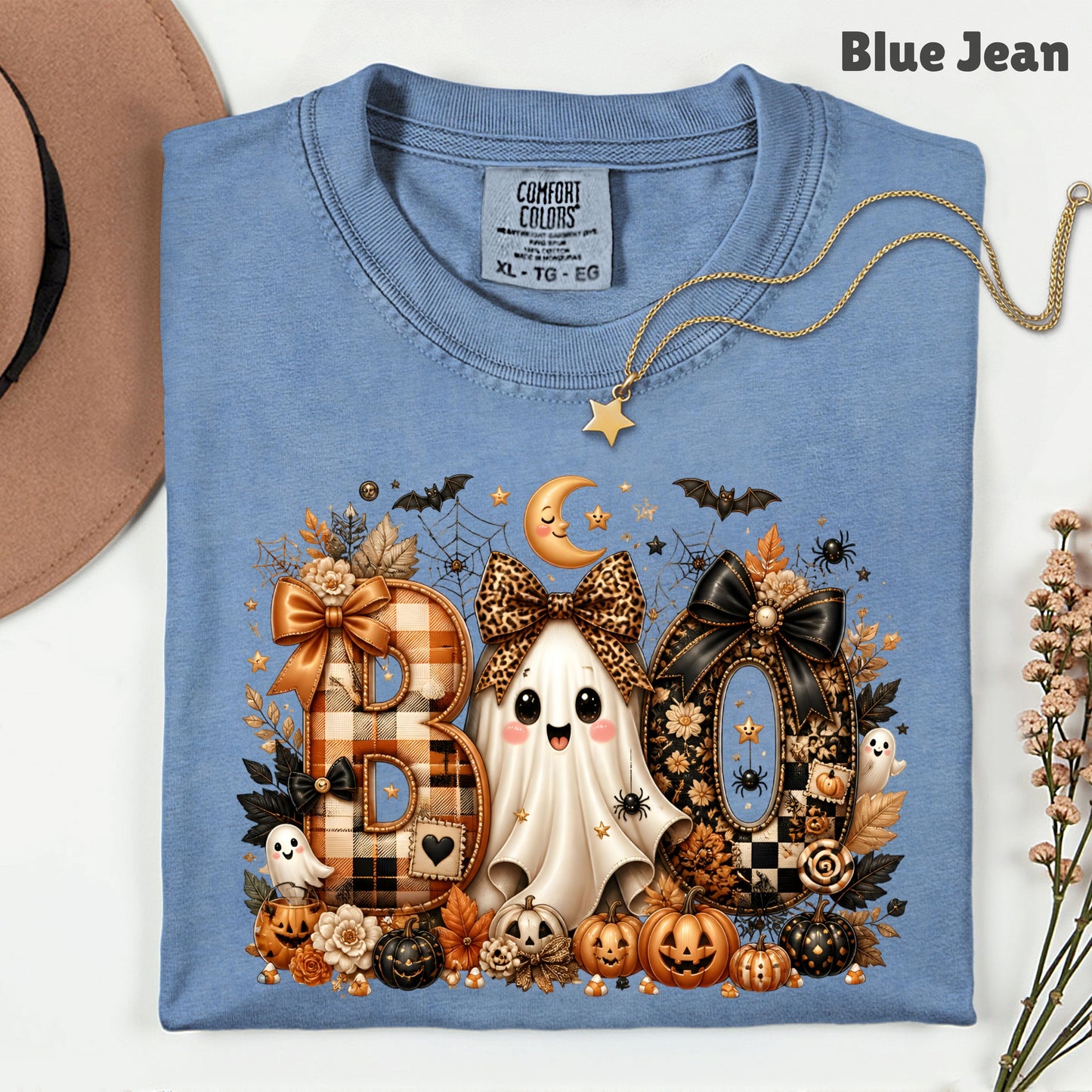 Halloween Boo Ghost T-Shirt, Cute Bows Orange Plaid Leopard Spooky Season Comfort Color Tee