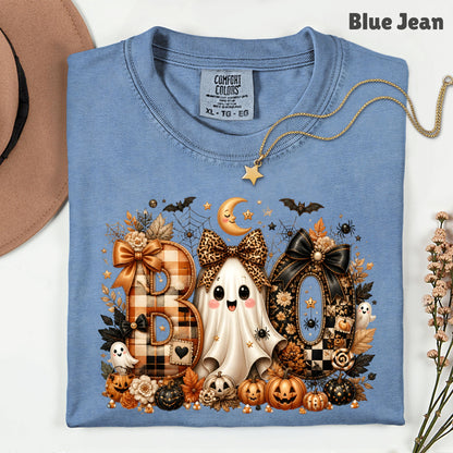 Halloween Boo Ghost T-Shirt, Cute Bows Orange Plaid Leopard Spooky Season Comfort Color Tee
